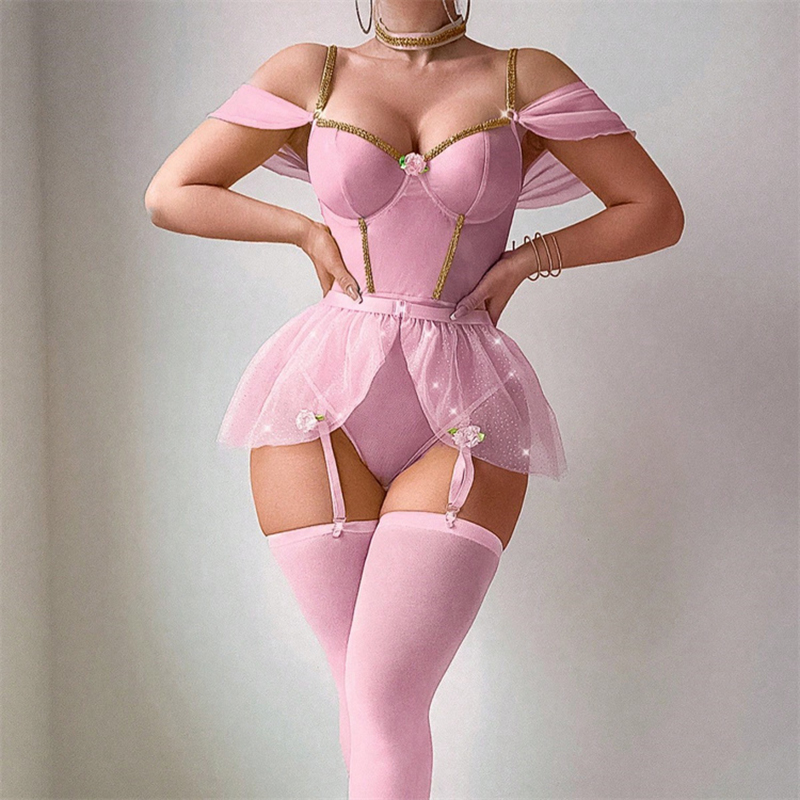Fishnet Stocking Women - 光沢のあるボディスーツランジェリーセット女性ウェットルックワンピースふわふわチュチュスカート網タイツセクシーなプリンセスロールプレイパーティーコスチューム