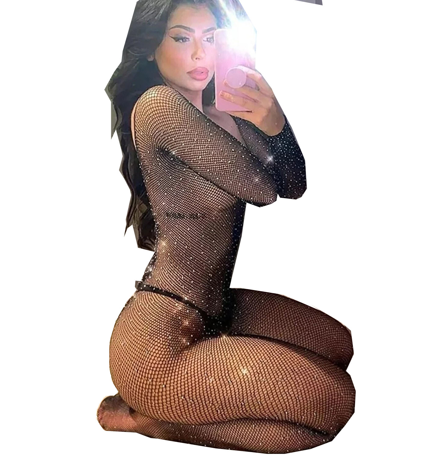 Fishnet Stocking Women - プラスサイズ エロティック セクシーランジェリー ラインストーン付き フィッシュネット ボディスーツ