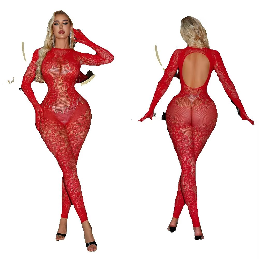 Fishnet Stocking Women - 女性用セクシーレースランジェリー、背中が開いたタイツボディスーツ、クラブジャンプスーツ、シースルーロンパース、フィッシュネットストッキング、ワンピースネットウェア